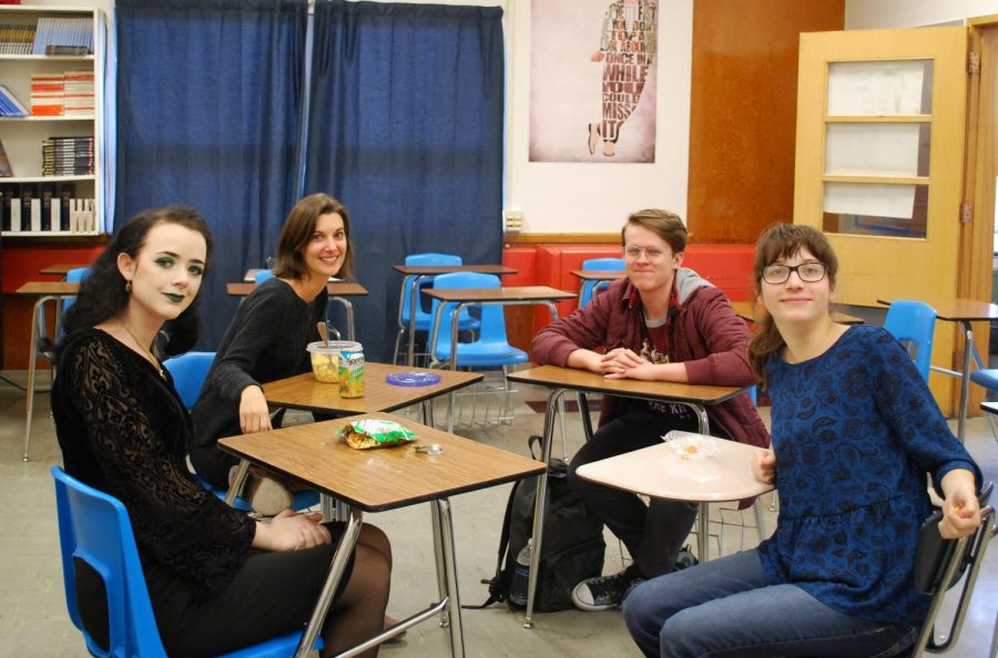 Film Club founding members Corrina Asher (Junior/left) Sarah Sizemore (Junior/right), Declan Garrison (Senior/back right) and Advisor Ms. Walsh