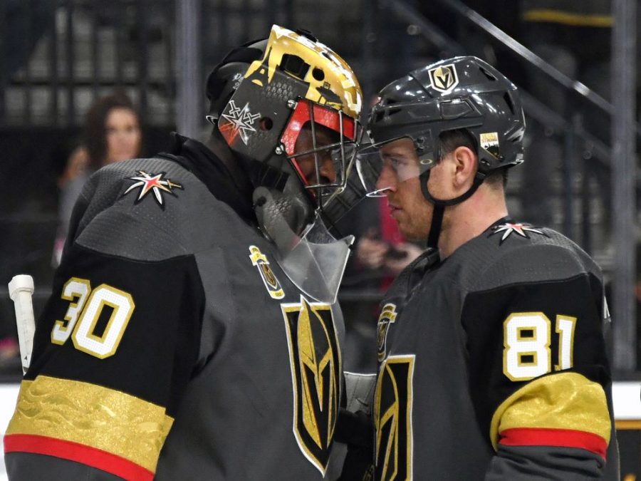 LAS VEGAS, NV - MARCH 20:  Malcolm Subban #30 and Jonathan Marchessault #81 of the Vegas Golden Knights celebrate on the ice after the teams 4-1 victory over the Vancouver Canucks at T-Mobile Arena on March 20, 2018 in Las Vegas, Nevada.  (Photo by Ethan Miller/Getty Images)