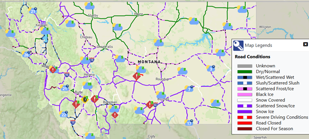 Map of Montana road conditions on Feb.3 2025 (MDT511)